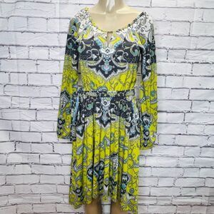 Yoana Baraschi Womens Yellow Blue Paisley Print Keyhole Belted Dress Size Small